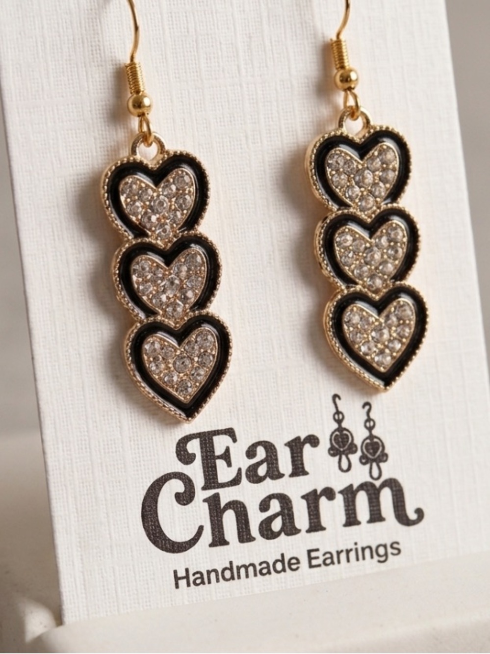 New- Gold and Black Triple Heart Bejeweled Dangle Earrings